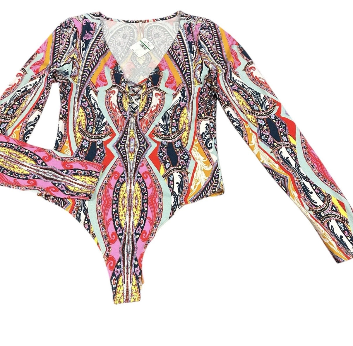 FREE PEOPLE WOMENS PICK A PLACE BODYSUIT MULTICOLOR LONG SLEEVE LARGE NWT $68