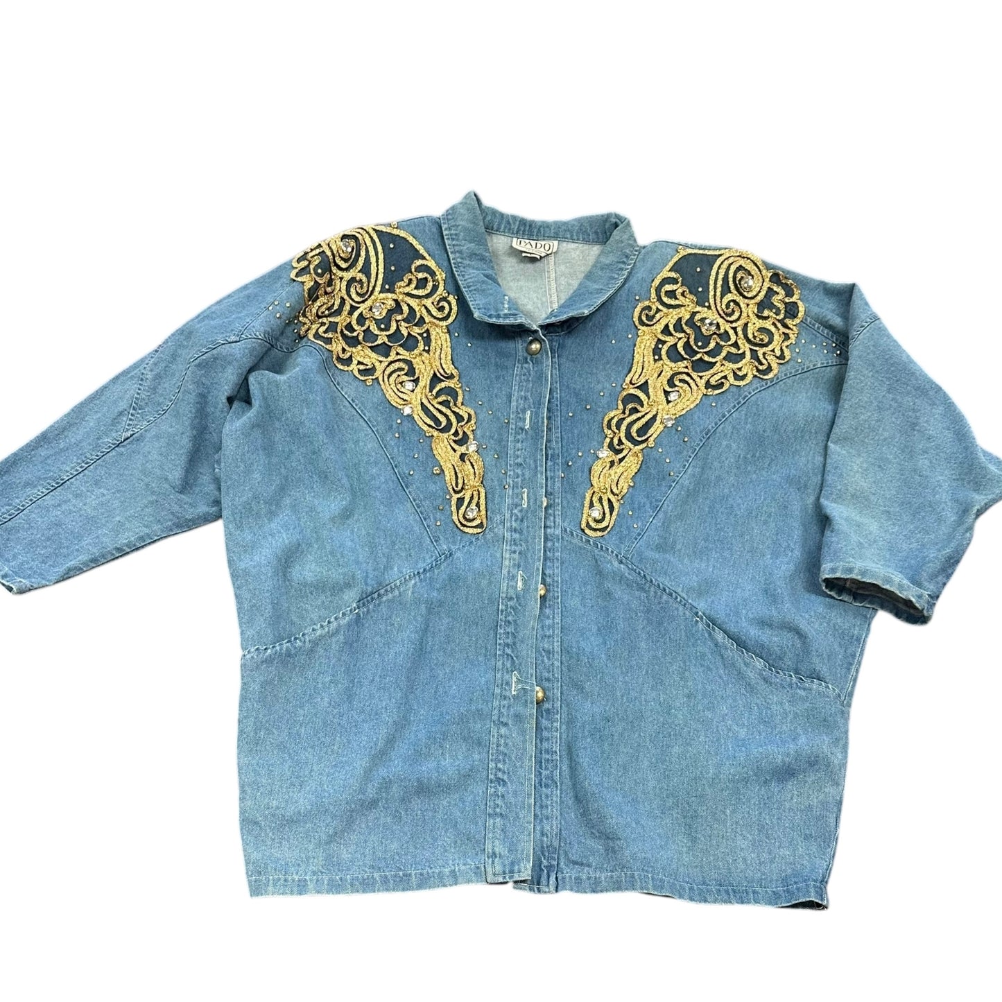 VINTAGE PADO 100% COTTON BLUE DENIM OVERSIZED JACKET GOLD EMBELLISHMENTS 100 LARGE