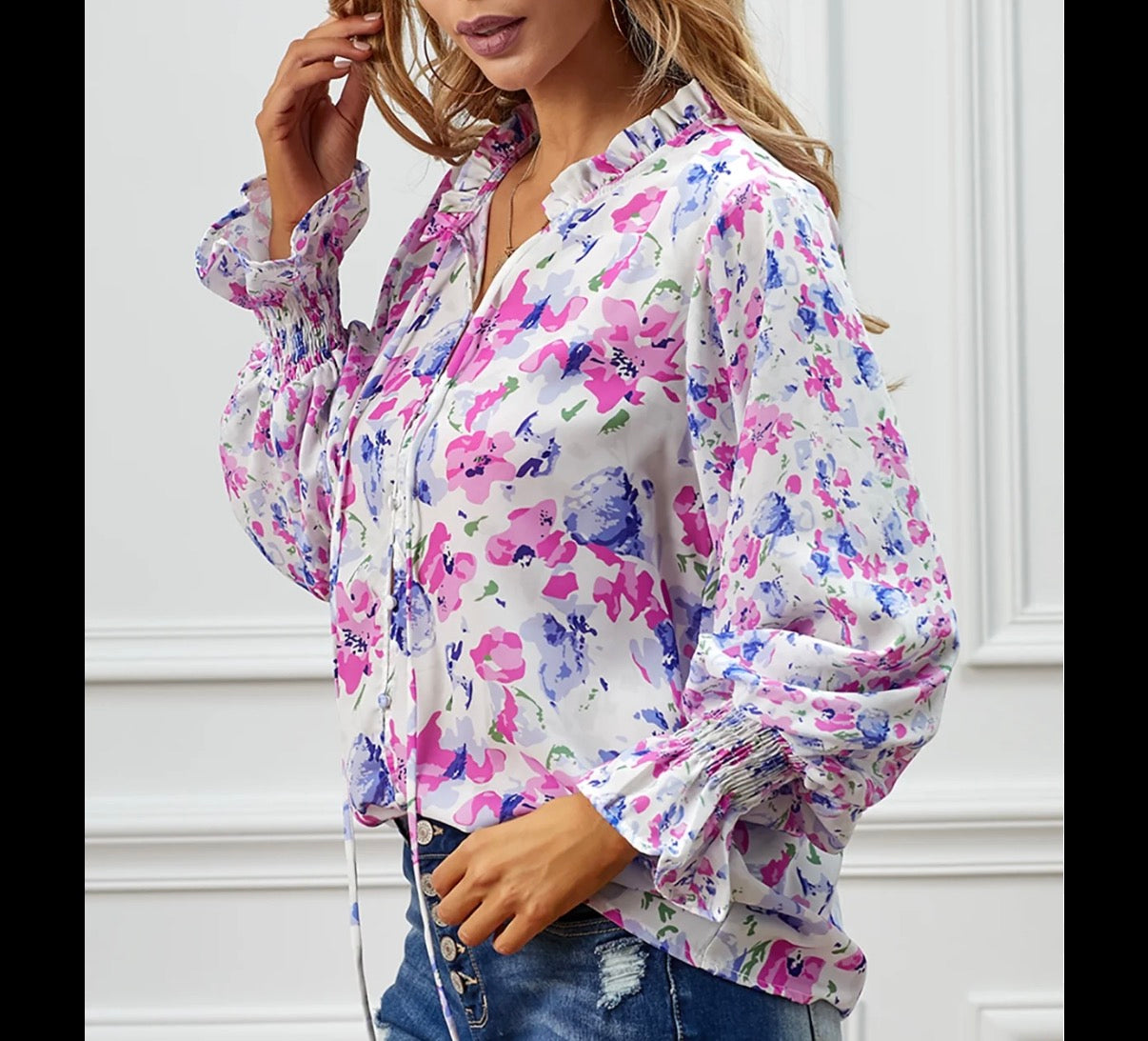 WHITE PINK PURPLE FLORAL LONG SLEEVE BLOUSE 164 XL