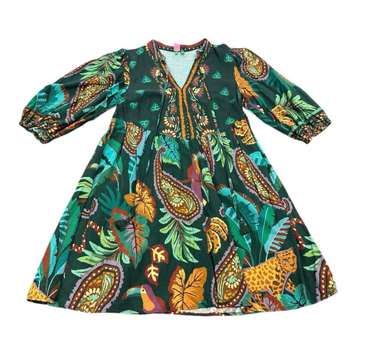 FARM RIO WOMENS DRESS SMALL GREEN TROPICAL PUFF SLEEVE SHORT COLORFUL RAINFOREST 217