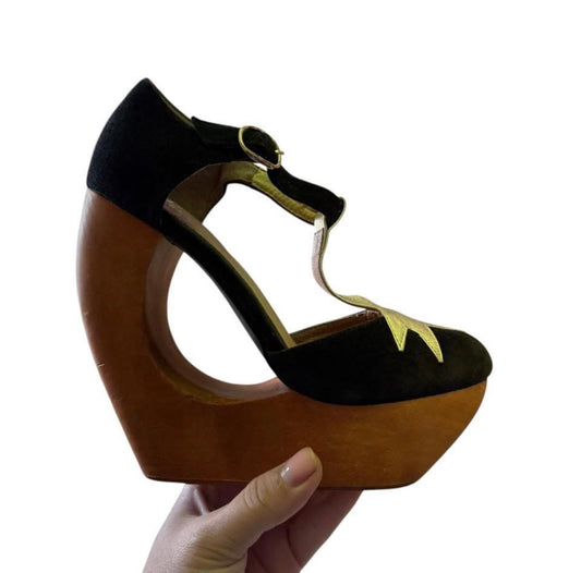 JEFFREY CAMPBELL BLACK SUEDE GOLD METALLIC WOOD WEDGE PLATFORM 84 SZ 7