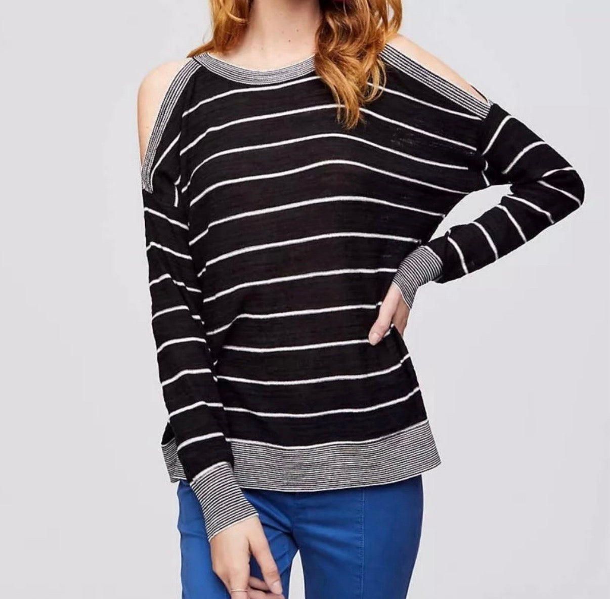 LOFT BLACK WHITE COLD SHOULDER SWEATER 100 MEDIUM
