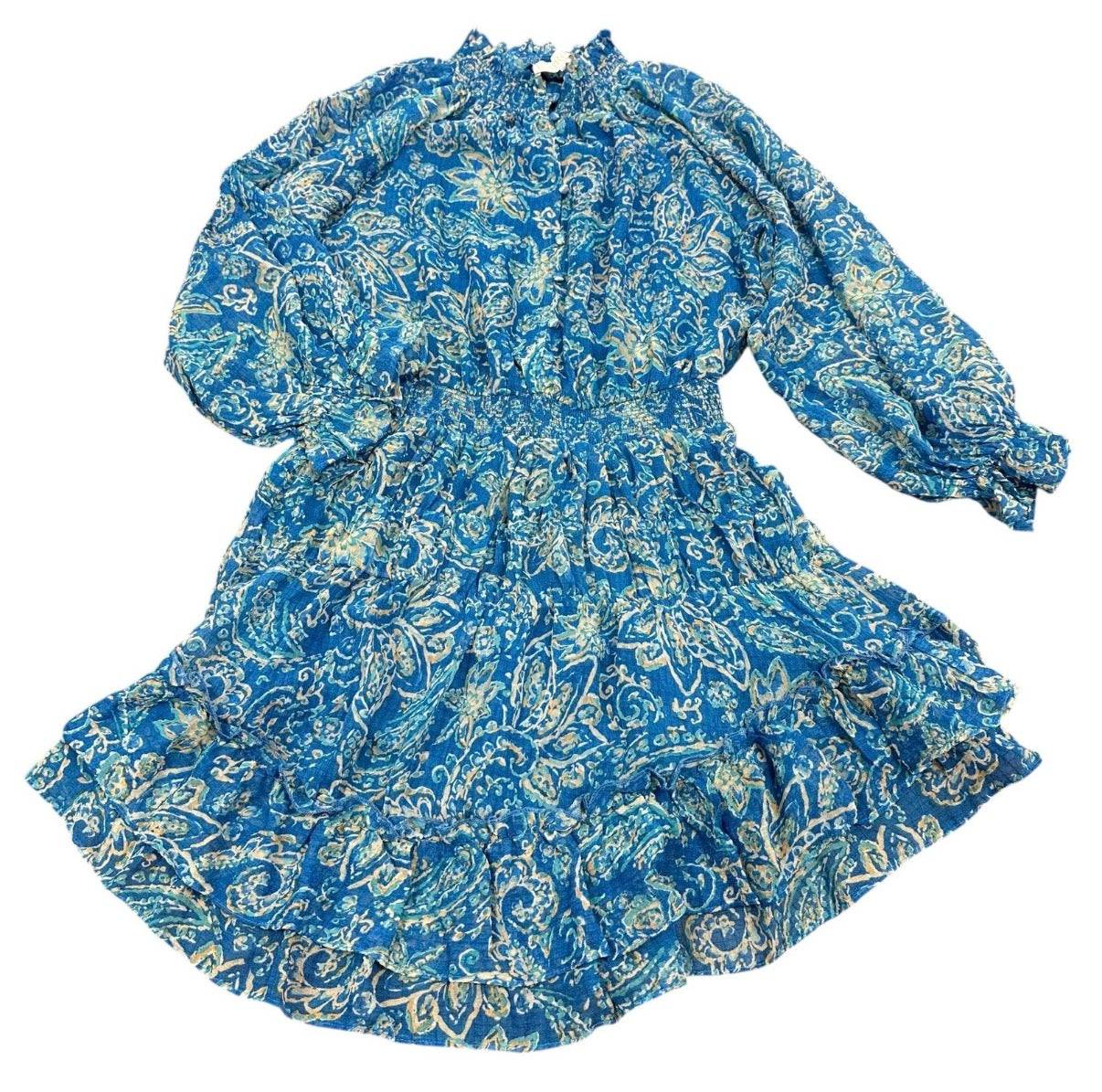 KARLIE WOMENS DRESS MEDIUM BLUE PAISLEY FIT FLARE SMOCKED WAIST BUTTONS RUFFLE