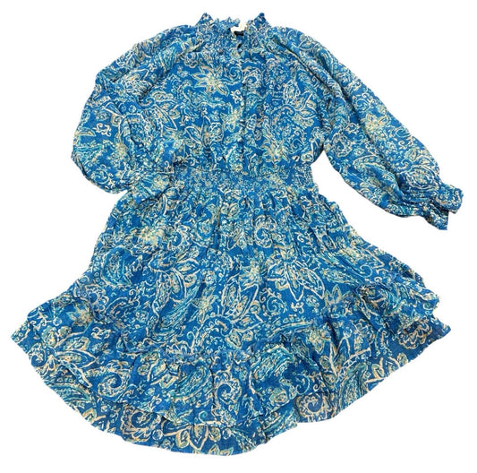KARLIE WOMENS DRESS MEDIUM BLUE PAISLEY FIT FLARE SMOCKED WAIST BUTTONS RUFFLE