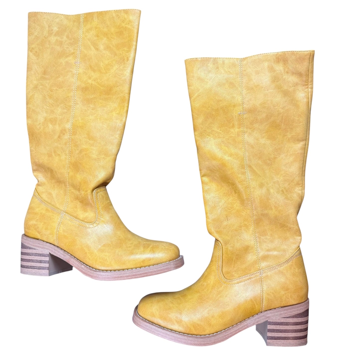 YELLOW FAUX LEATHER SQUARE TOE BOOTS BLOCK HEEL KNEE HIGH 84 SZ 7