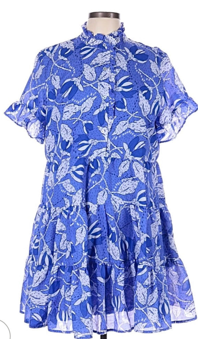 J.MARIE TIERED MII DRESS BLUE WHITE FLORAL PRINT BELTED KAIA 26 NWT $128 LARGE