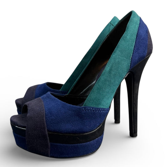NAVY BLUE TEAL PLATFORM PUMPS FAUX SUEDE SZ 5