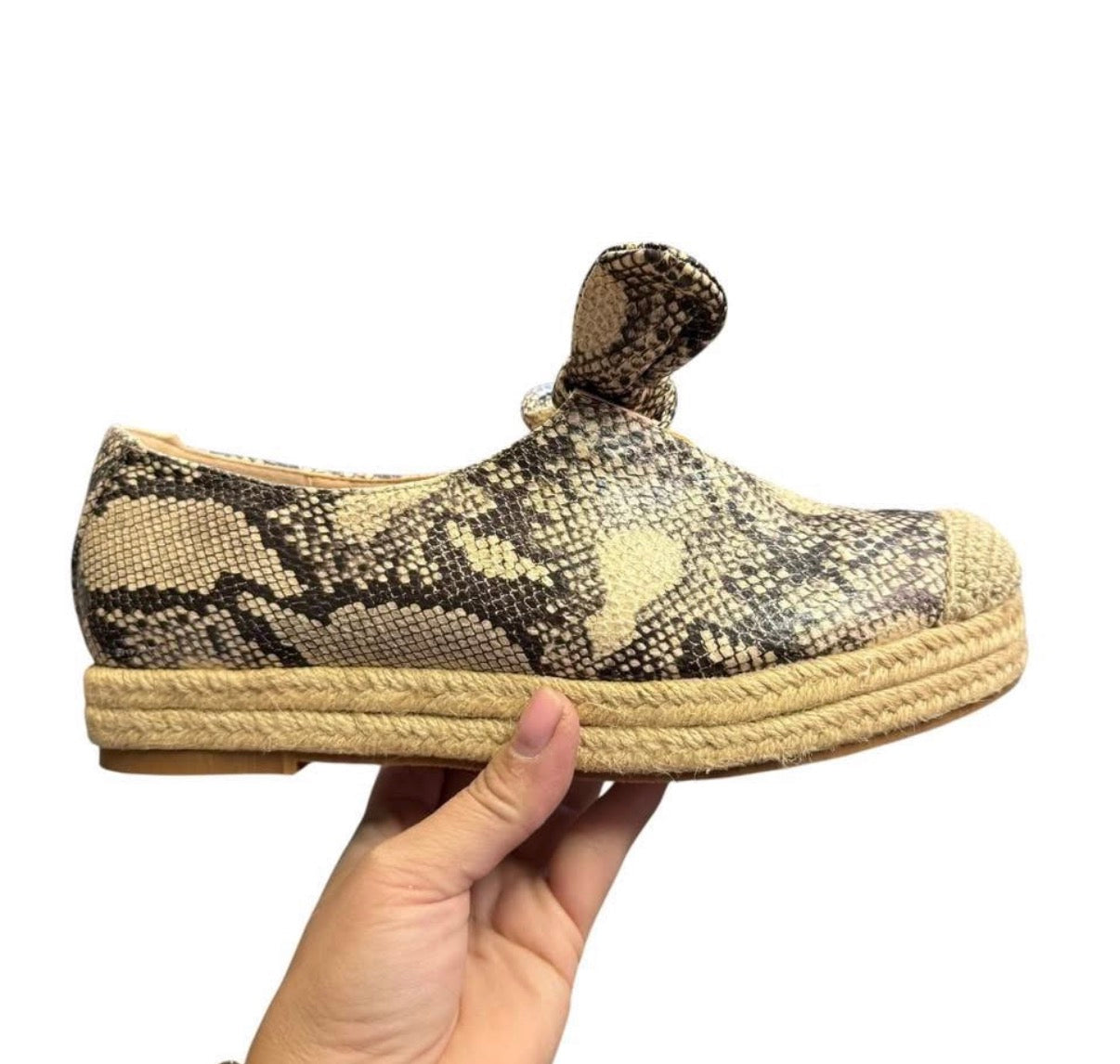 AMS ESPADRILLES SNAKE PRINT LEATHER JUTE PLATFORM BOW DETAIL 100 NWOT SZ 8.5