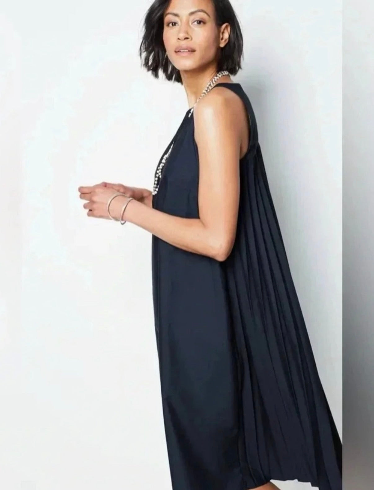 J JILL NAVY PLEATED BACK DRESS 44 XS