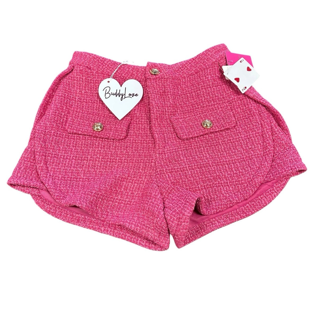 BUDDY LOVE WOMENS HOT SHORTS MEDIUM PINK TWEED HIGH WAISTED GOLD BUTTONS NWT