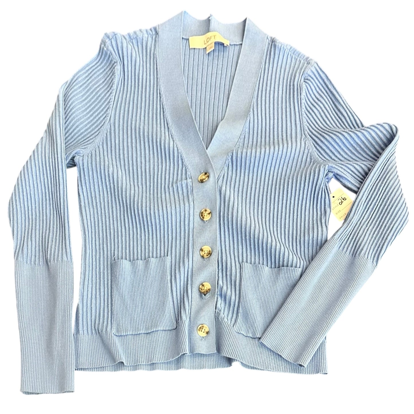 LOFT LIGHT BLUE FRONT BUTTON RIBBED CARDIGAN 26 LARGE