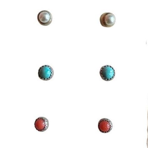 3 SETS OF EARRINGS: FAUX PEARL, TURQUOISE, RED CORAL 225