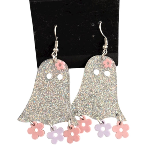 SILVER GLITTER FLORAL GHOST EARRINGS 100