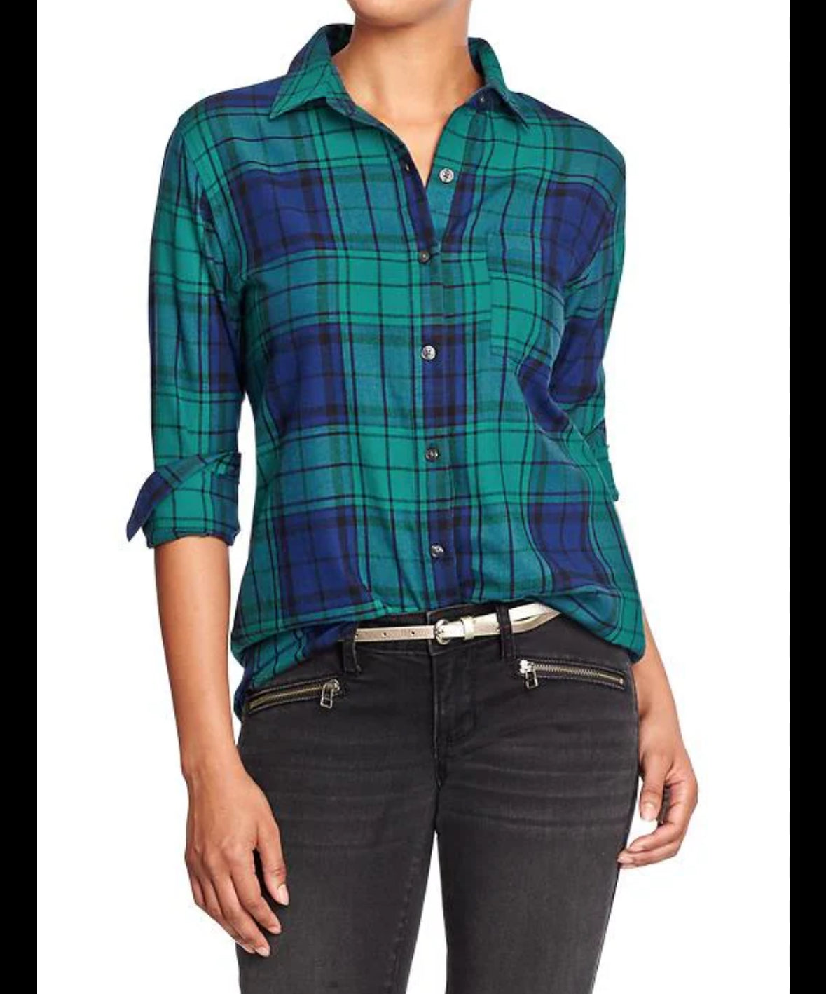 OLD NAVY GREEN BLUE PLAID BOYFRIEND BLOUSE 123 MEDIUM