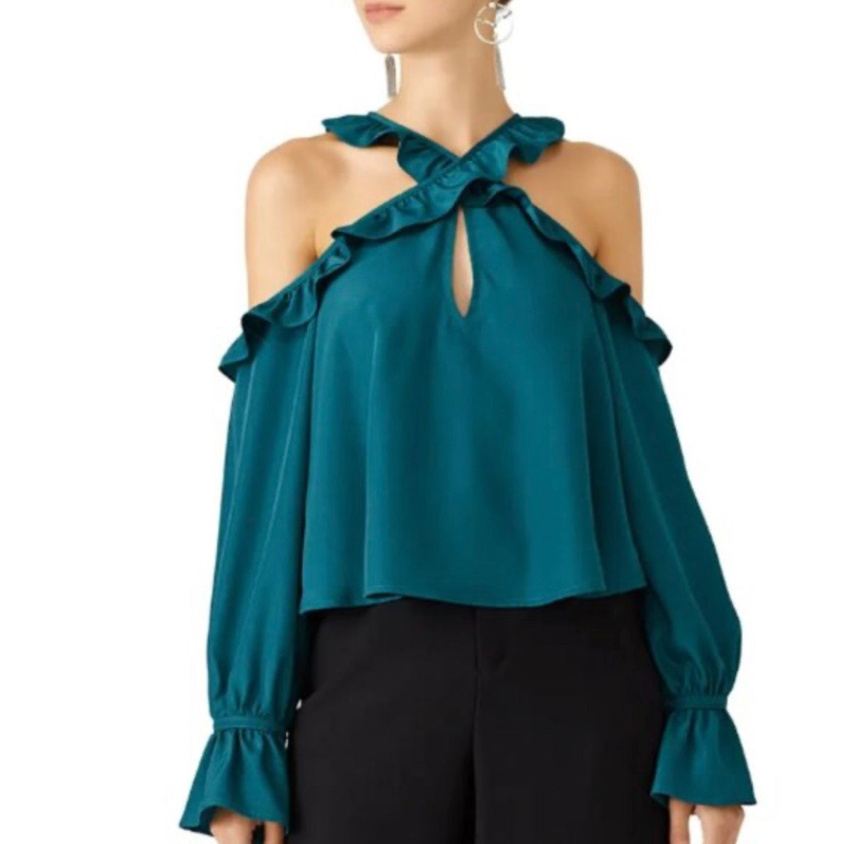 LIKELY GREEN EMERALD BLOUSE COLD SHOULDER RUFFLES 100 XS