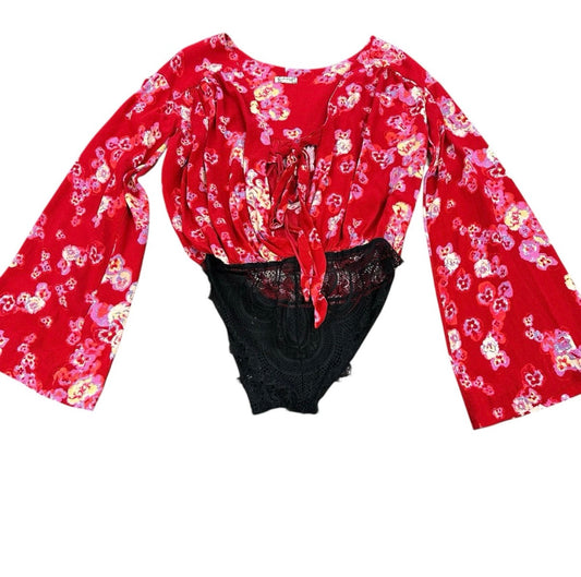 FREE PEOPLE FORTIES FEEL PRINTED BODYSUIT RED FLORAL BOHO HIPPIE XS