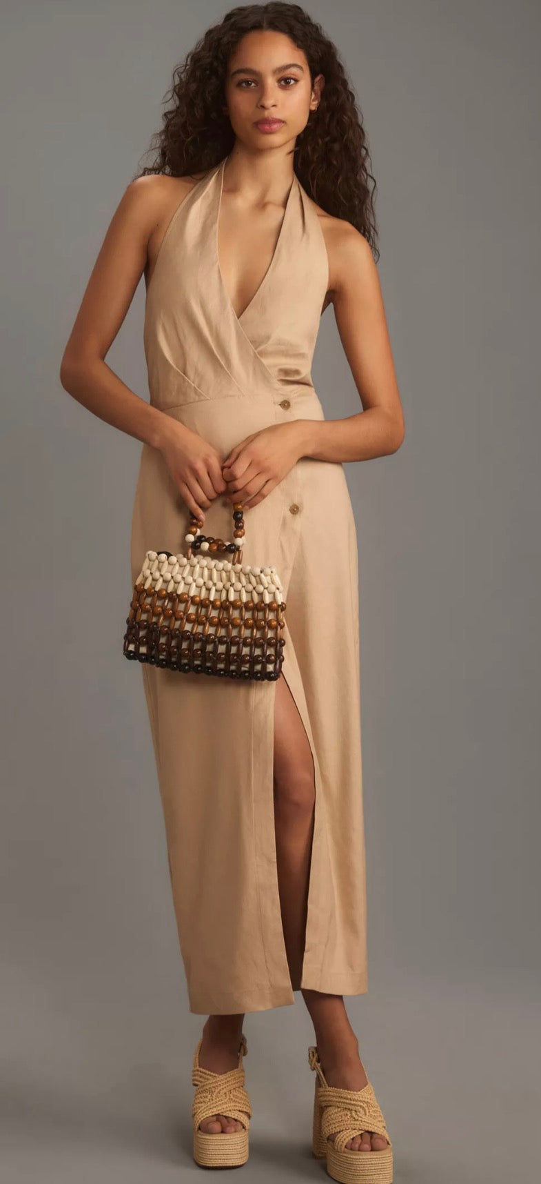 BY ANTHROPOLOGIE LINEN HALTER COLUMN MIDI DRESS TAN NWT 264 MED PETITE