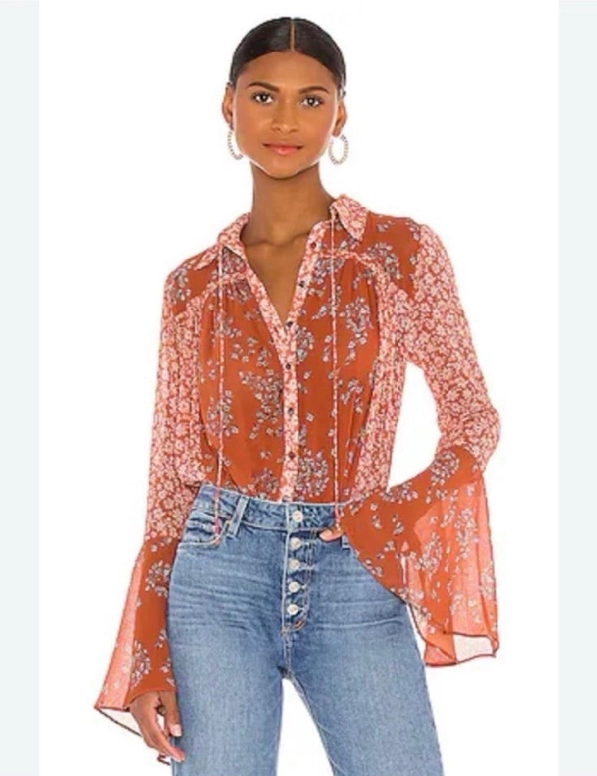 FREE PEOPLE BURNT ORANGE FLORAL BOHO BLOUSE 112 LARGE