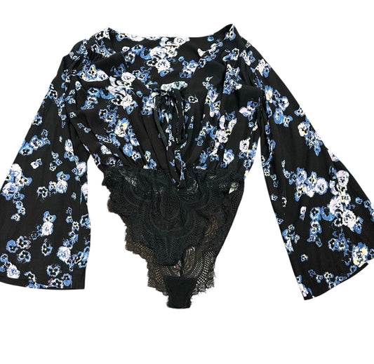 FREE PEOPLE FORTIES FEEL PRINTED BODYSUIT BLACK FLORAL BOHO XS