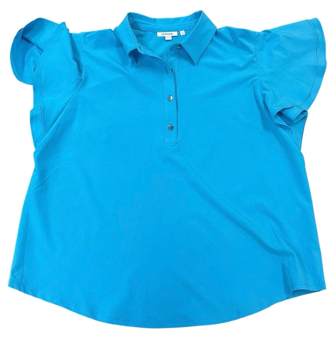 CHICOS BLUE POLO TOP FLUTTER SHORT SLEEVE 11 SZ 12