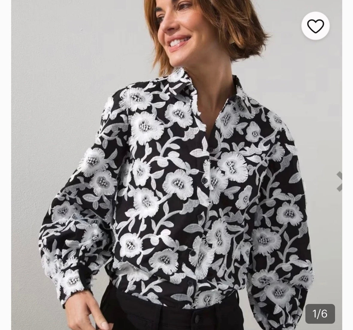 CHICOS BLACK WHITE EMBROIDERED BLOUSE 228 Sz 8
