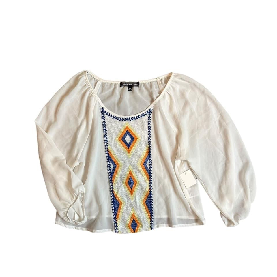 WHITE SEMI SHEER EMBROIDERED TOP  XS