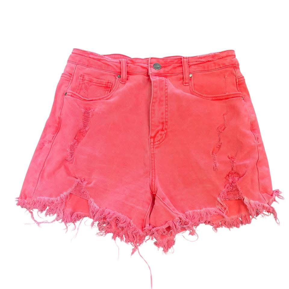 RISEN NEON PINK DENIM SHORTS HIGH WAISTED 143 UNTREATED SPOT LARGE