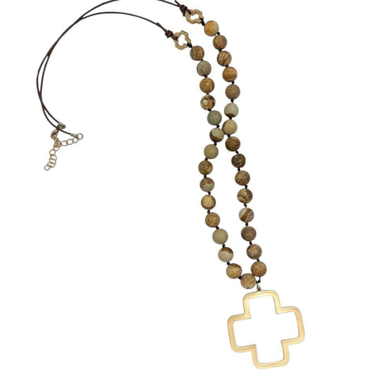 BROWN BEADED GOLD CROSS NECKLACE 200