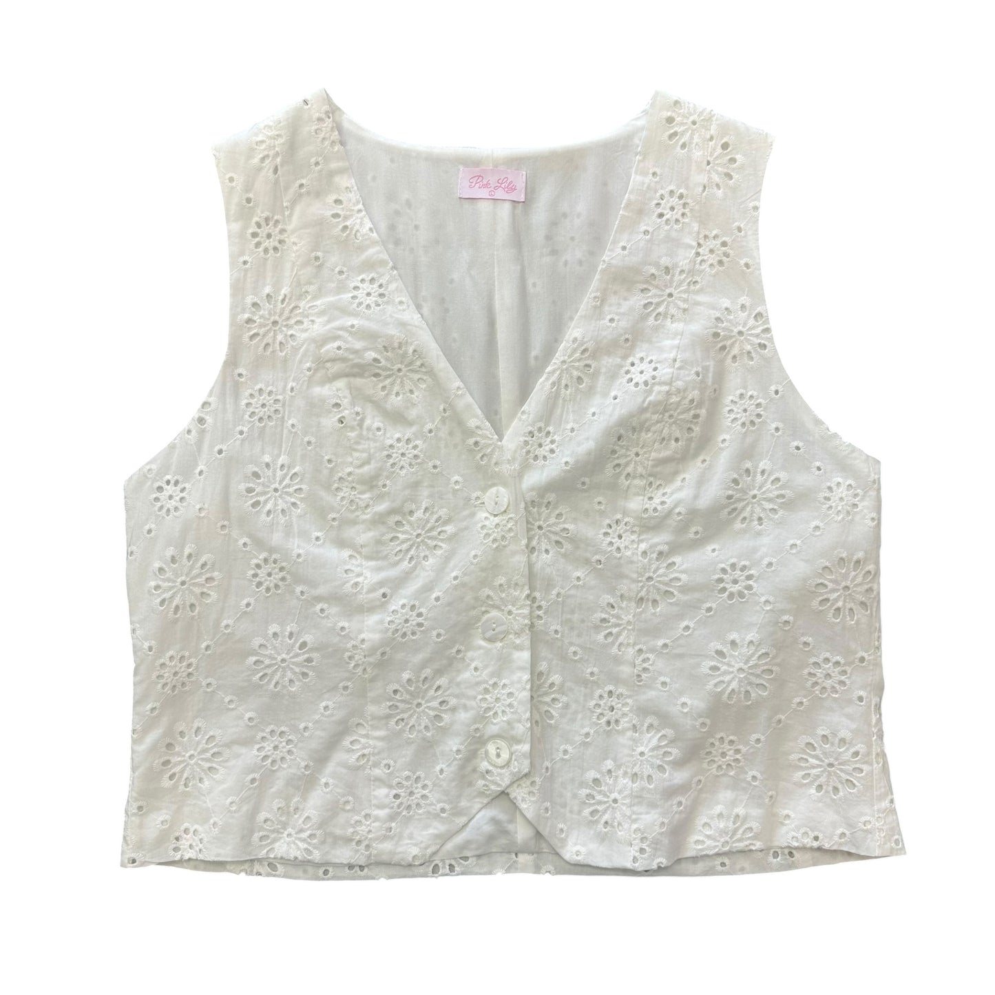 PINK LILY WHITE EYELET FLORAL BUTTON DOWN VEST 158 LARGE