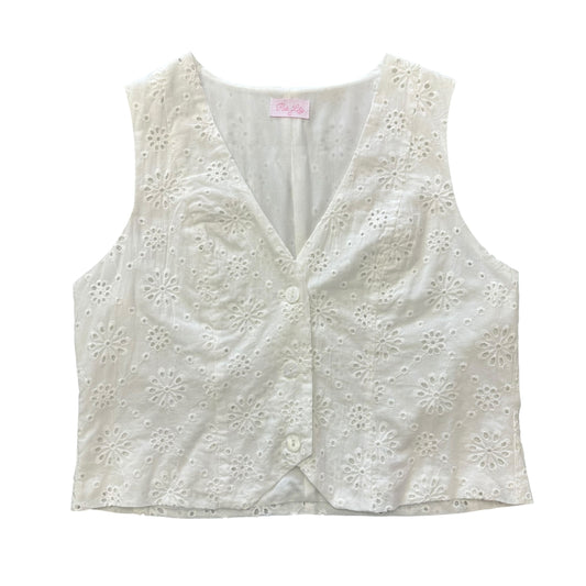 PINK LILY WHITE EYELET FLORAL BUTTON DOWN VEST 158 LARGE