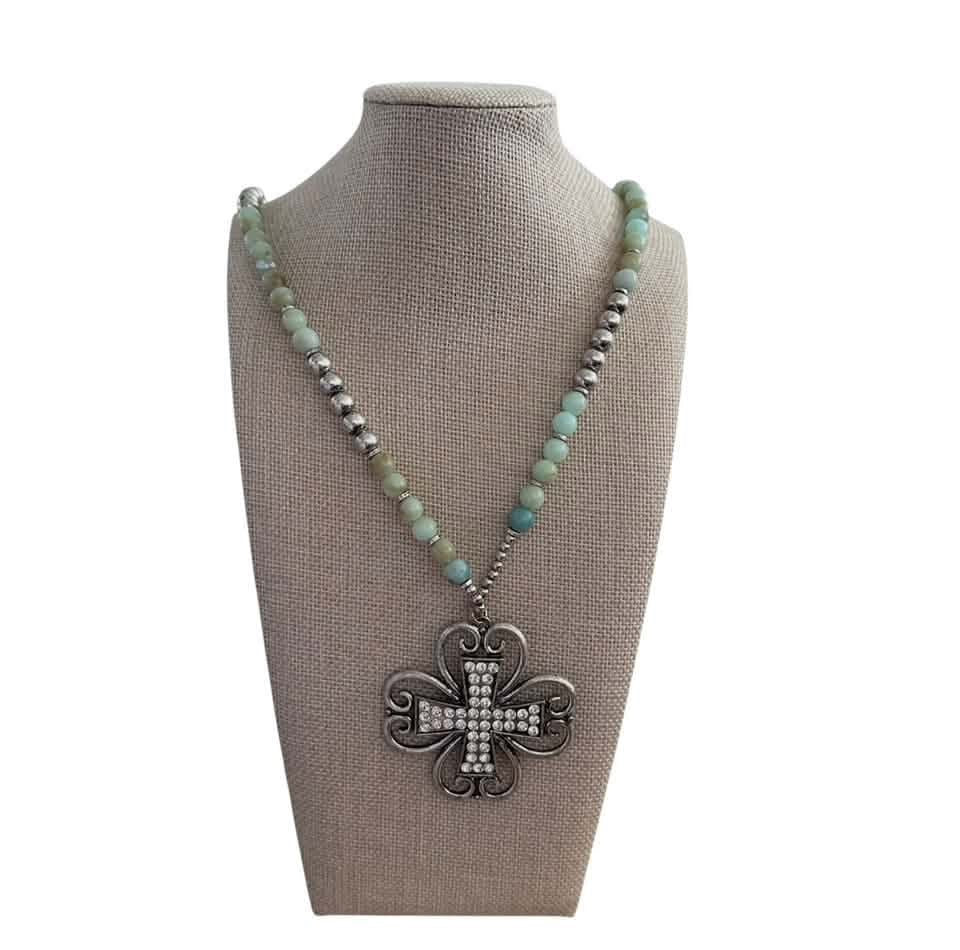 TREASURE TWO PIECE SET GREEN SILVER BEAD CROSS NECKLACE NWT 39