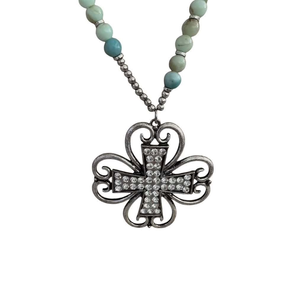 TREASURE TWO PIECE SET GREEN SILVER BEAD CROSS NECKLACE NWT 39