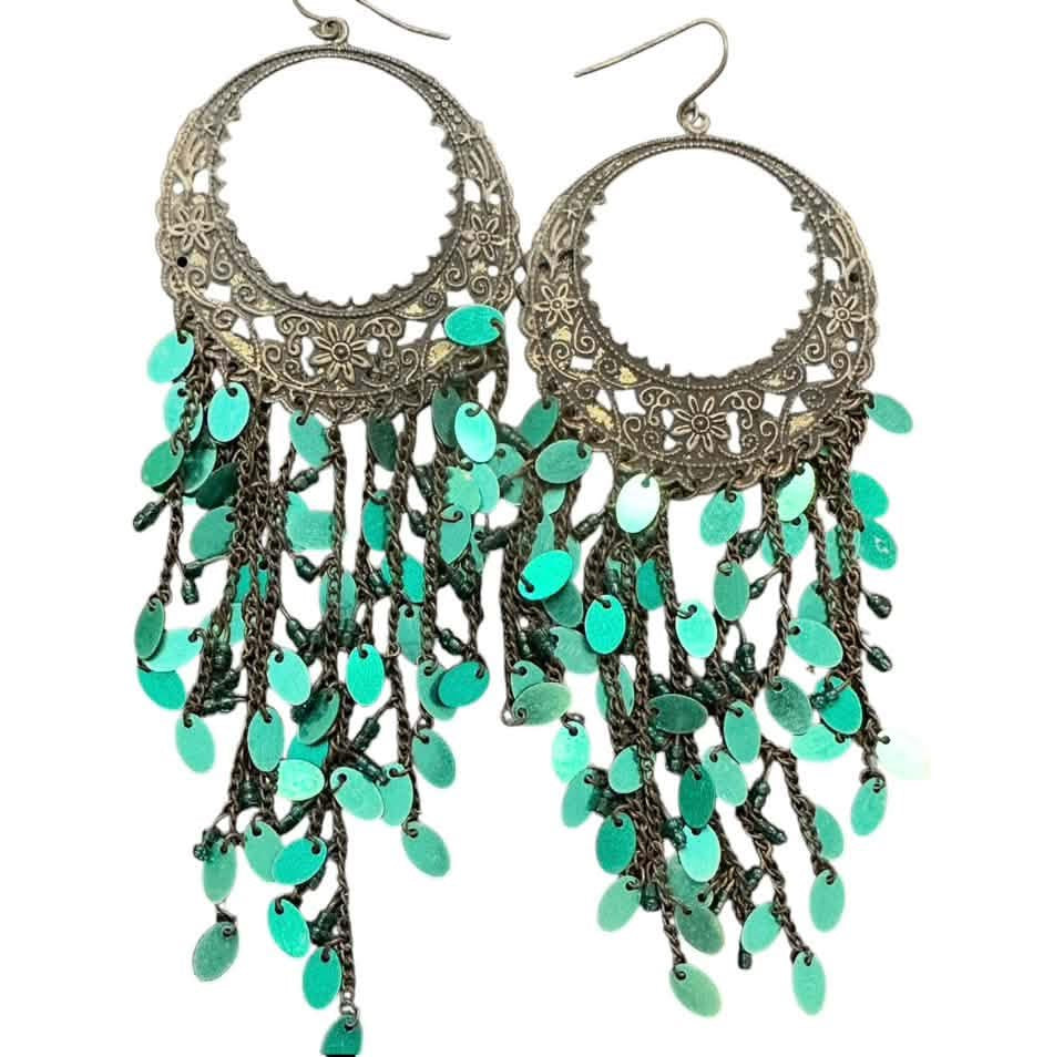 LARGE DARK GOLD EARRINGS TURQUOIS SEQUINS HOOKS 143