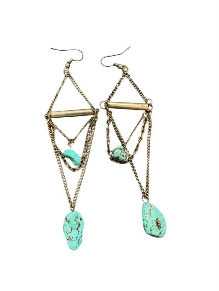 GOLD CHAIN-LINK EARRINGS TURQUOISE ROCK HOOKS 143