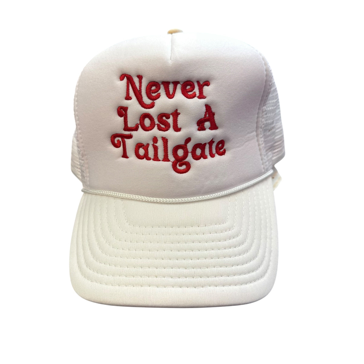 NEVER LOST A TAILGATE WHITE TRUCKER CAP NEW 100