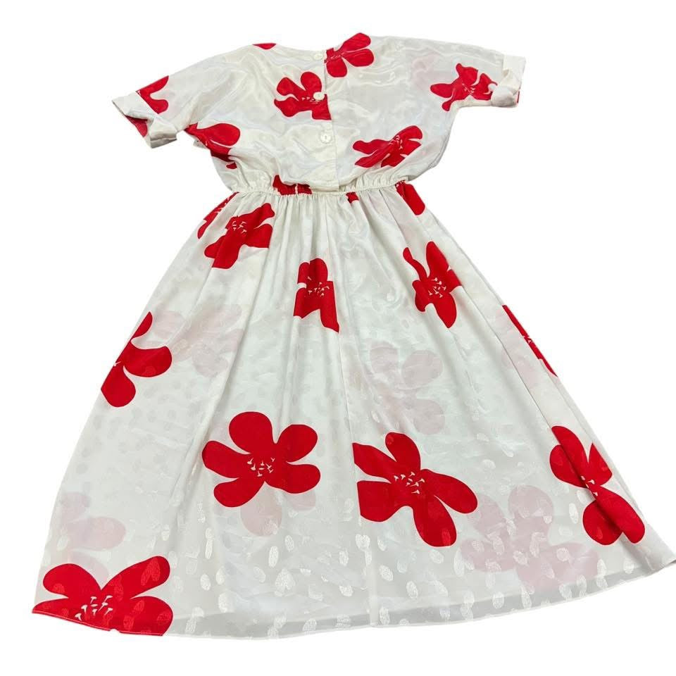 STARLO RED WHITE FLORAL MIDI VINTAGE DRESS 228 MADE IN USA MEDIUM