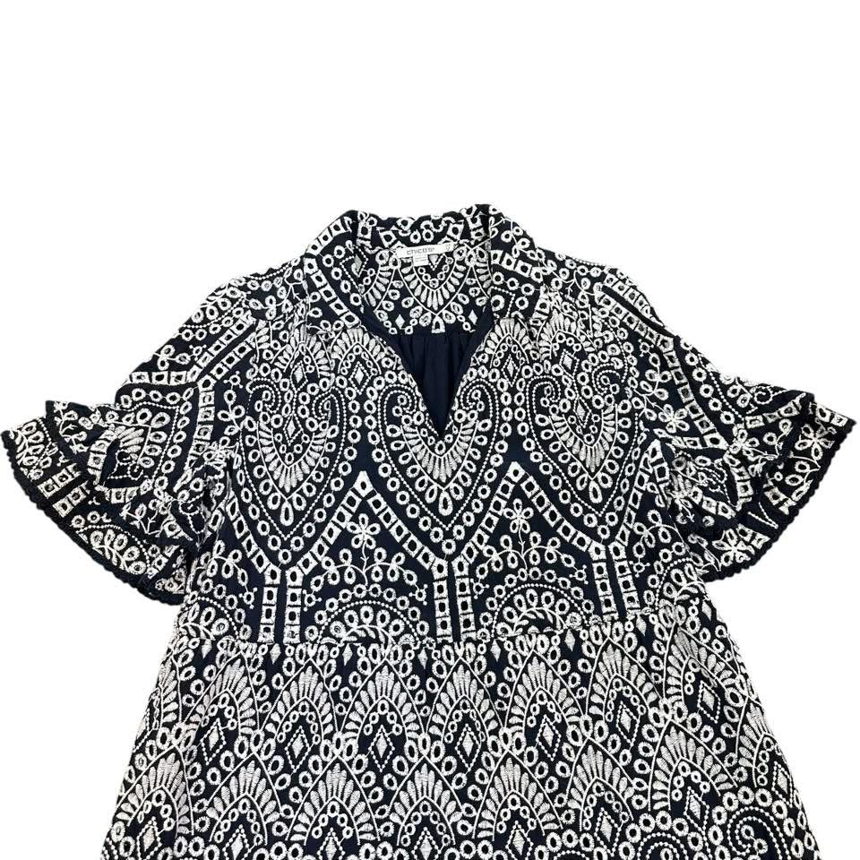 CHICOS NAVY EMBROIDERED DRESS 228 Sz 6