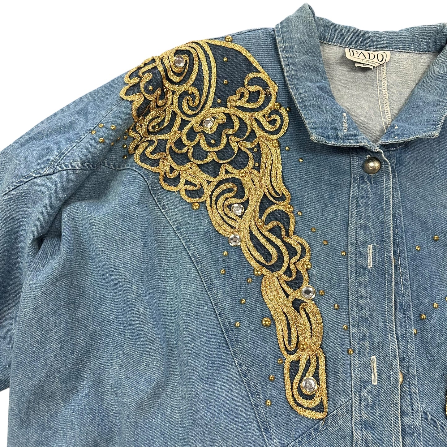 VINTAGE PADO 100% COTTON BLUE DENIM OVERSIZED JACKET GOLD EMBELLISHMENTS 100 LARGE