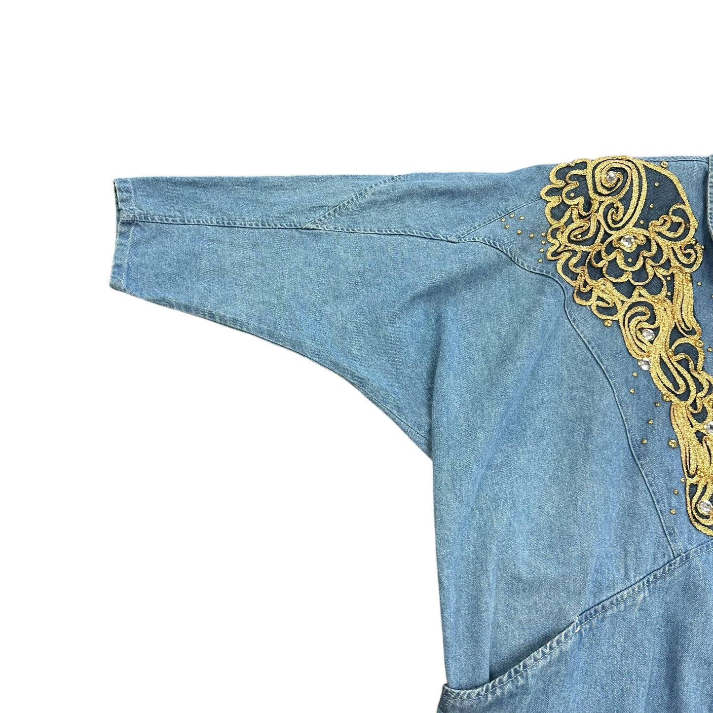 VINTAGE PADO 100% COTTON BLUE DENIM OVERSIZED JACKET GOLD EMBELLISHMENTS 100 LARGE