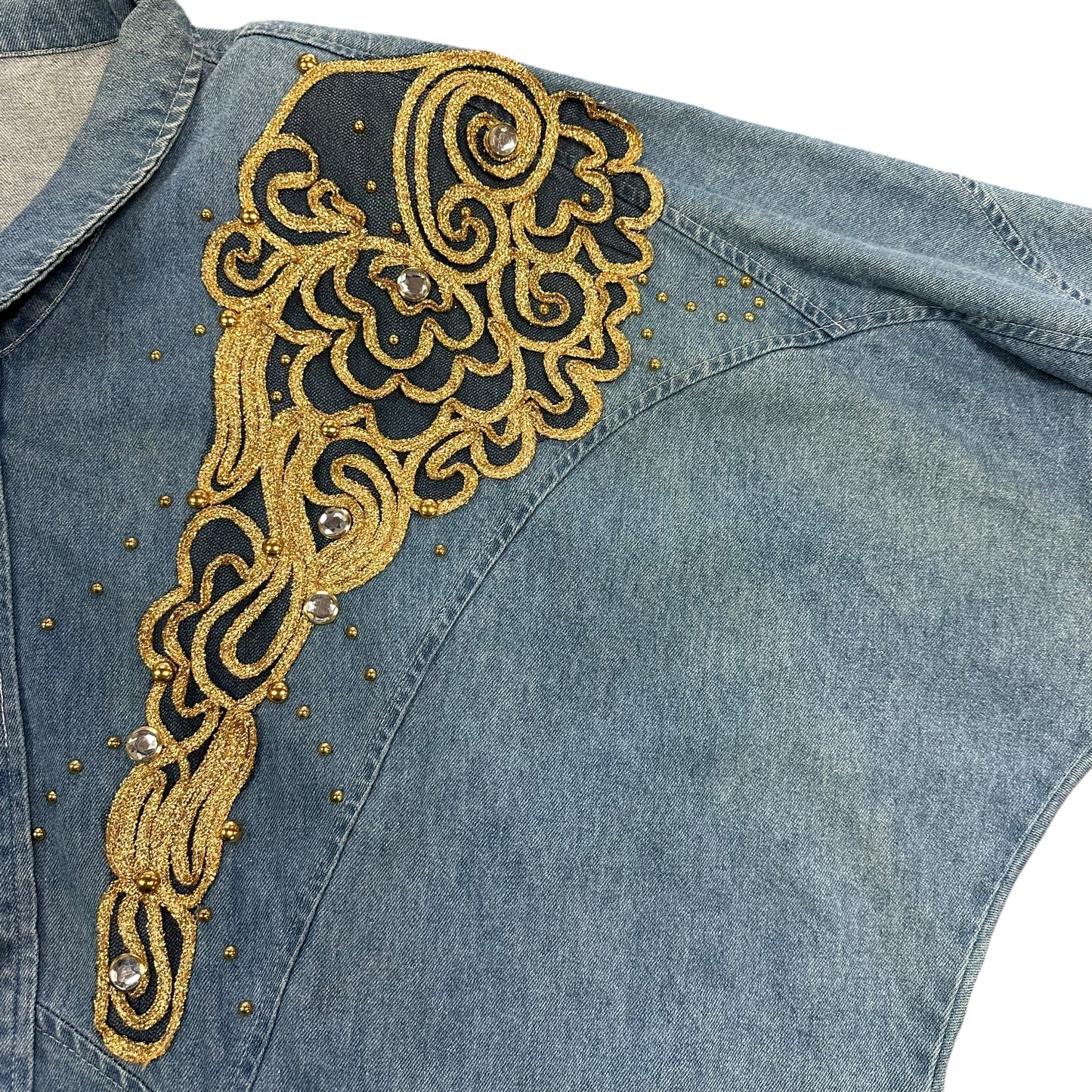 VINTAGE PADO 100% COTTON BLUE DENIM OVERSIZED JACKET GOLD EMBELLISHMENTS 100 LARGE