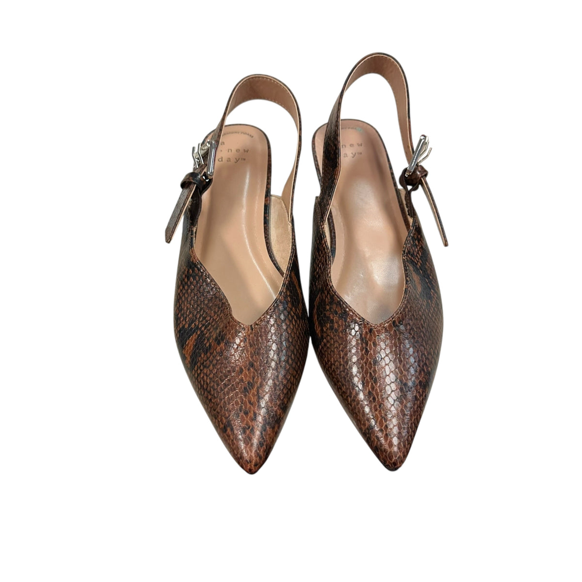 A NEW DAY BROWN SNAKESKIN FLATS SLINGBACK NWT 278 SZ 6.5