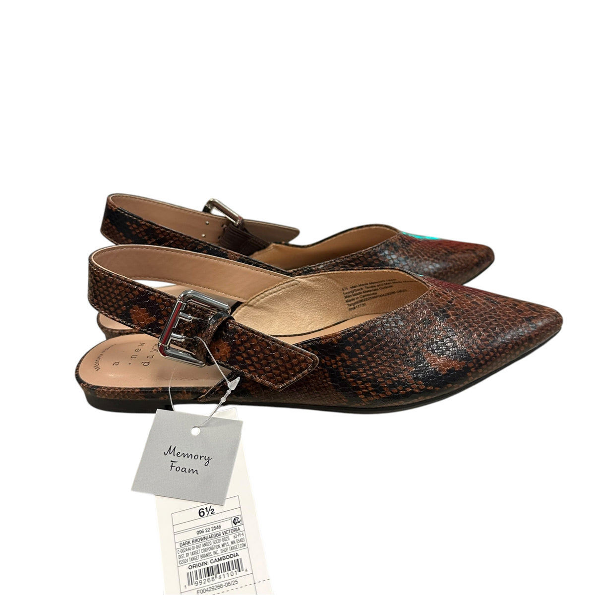 A NEW DAY BROWN SNAKESKIN FLATS SLINGBACK NWT 278 SZ 6.5