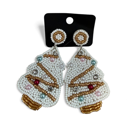 WHITE CHRISTMAS TREE BEADED CHRISTMAS EARRINGS 100 NEW
