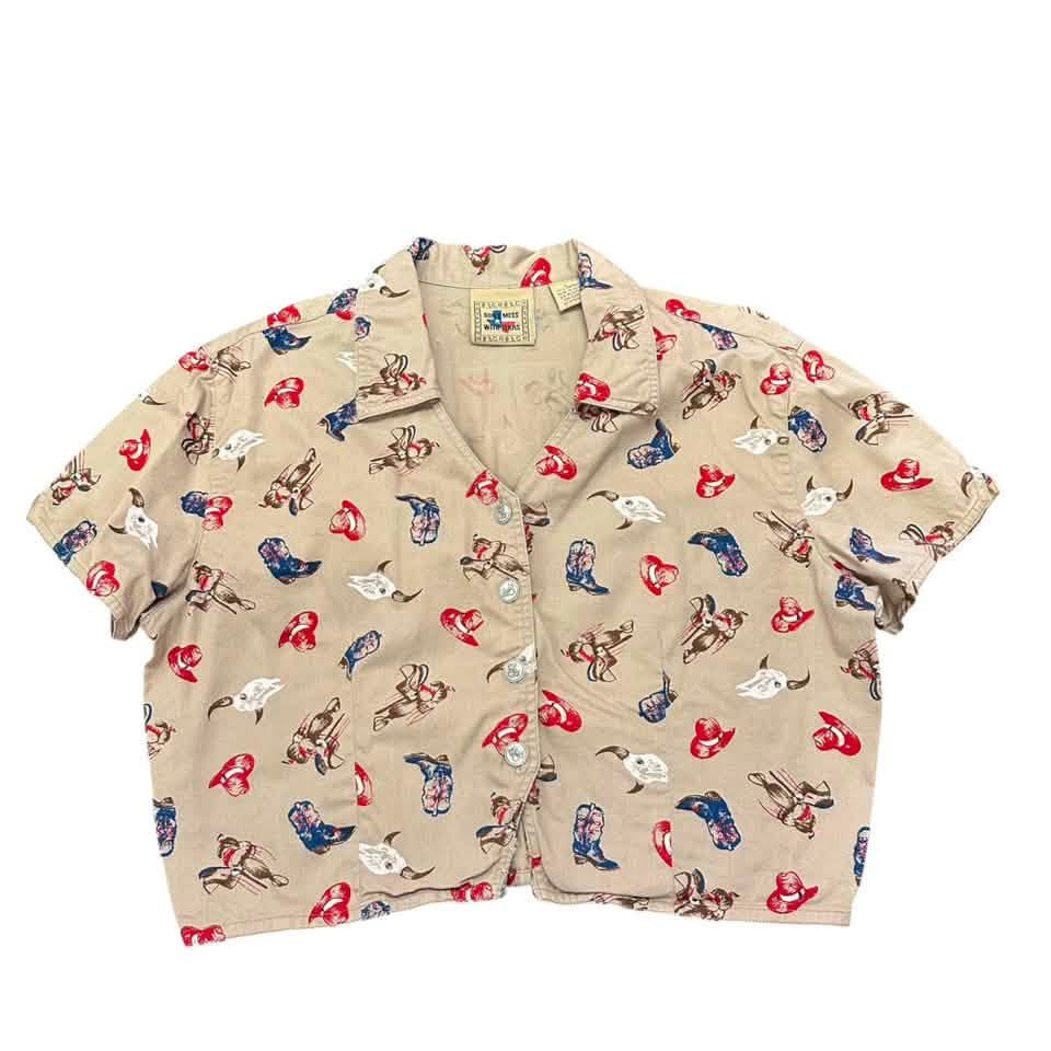 DONT MESS WITH TEXAS VINTAGE BROWN BUTTON UP CROP 84 LARGE