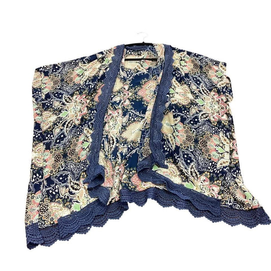 NAVY FLORAL KIMONO CROCHET TRIM 227 OSFM
