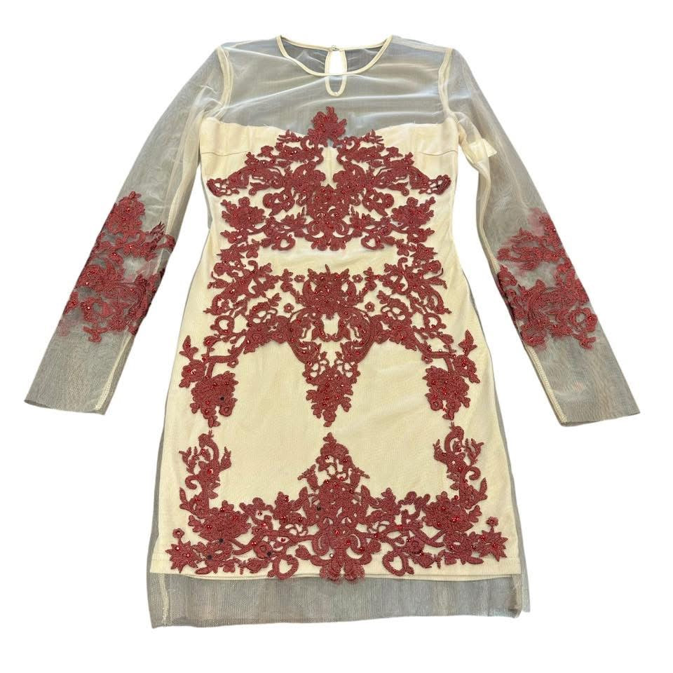 L’ATISTE BODYCON BEIGE MESH EMBELLISHED DRESS 143 MEDIUM