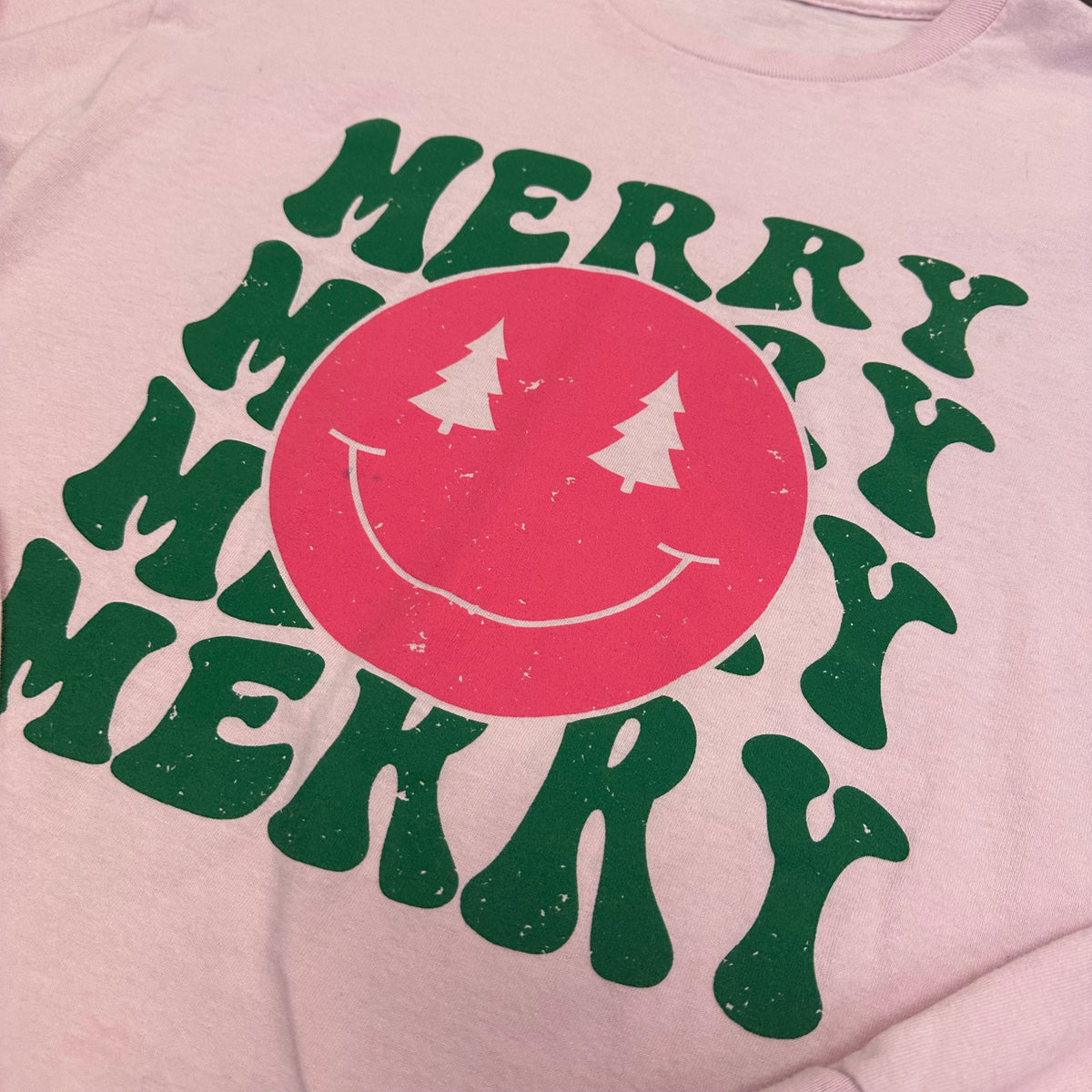 PINK GREEN MERRY HOLIDAY SMILEY TSHIRT 289 LARGE
