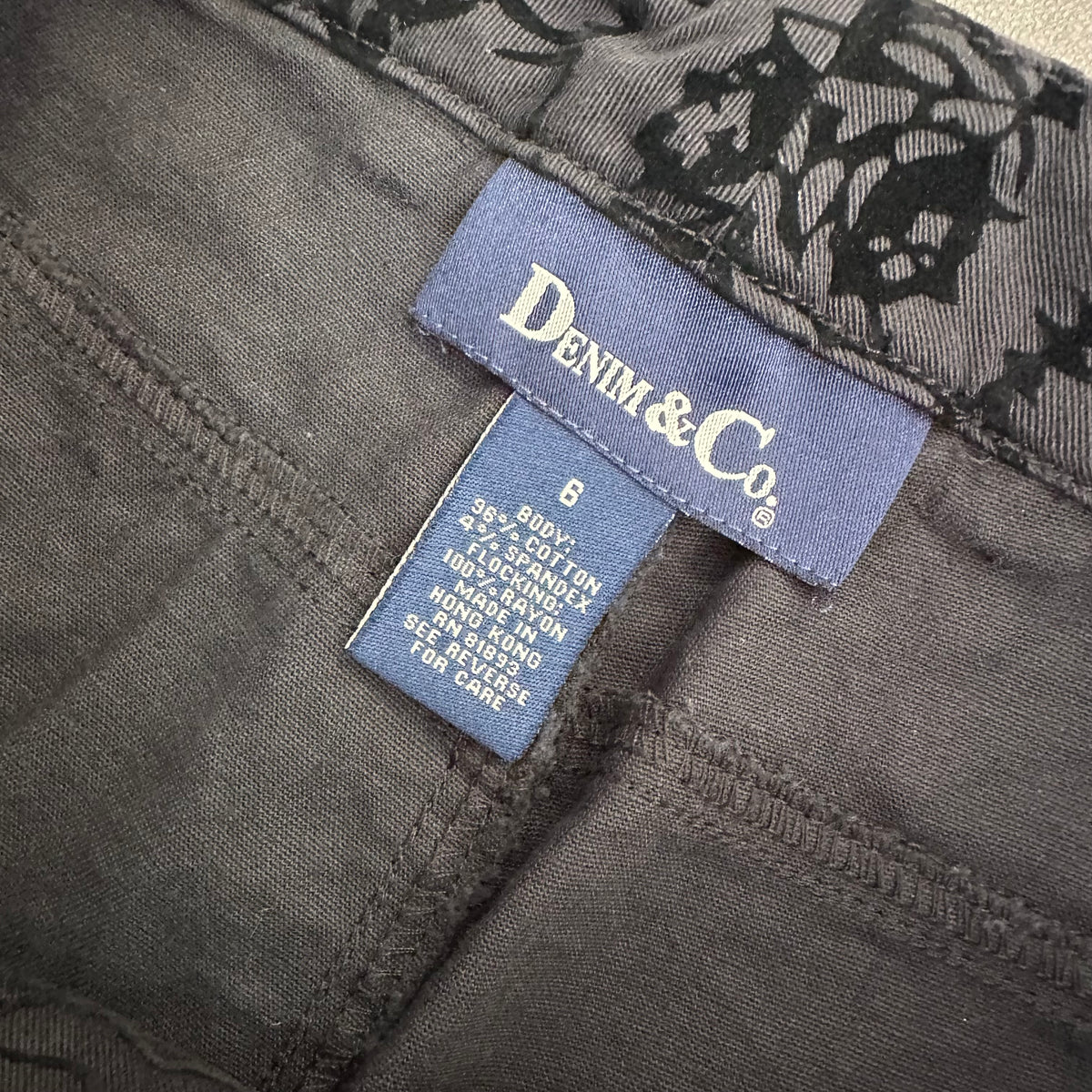 DENIM & CO Y2K BLACK FLORAL JACQUARD PANTS LEAF DESIGN 289 SZ 6