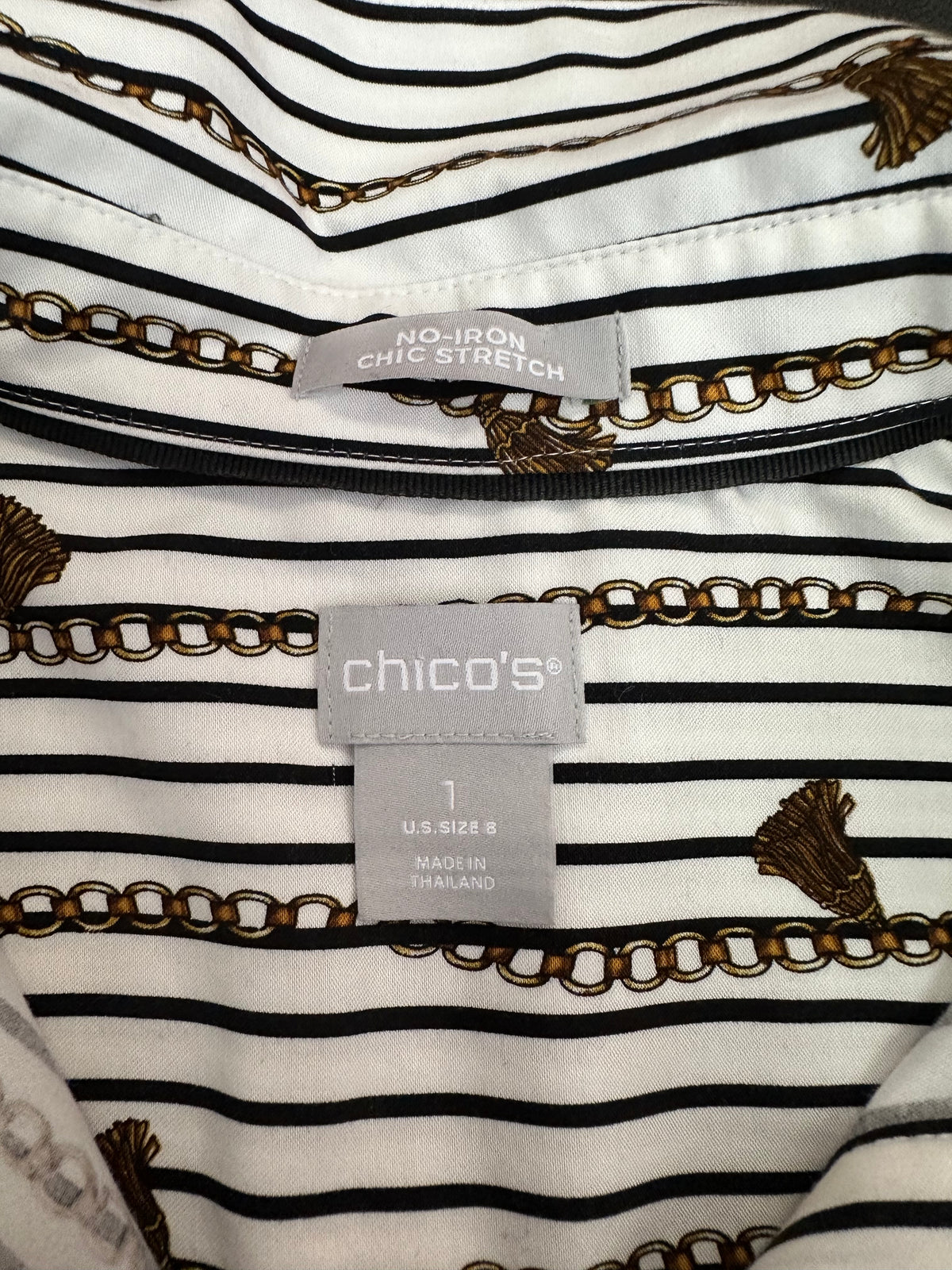 CHICOS BLACK WHITE STRIPED POPOVER BLOUSE 289 MEDIUM / 8