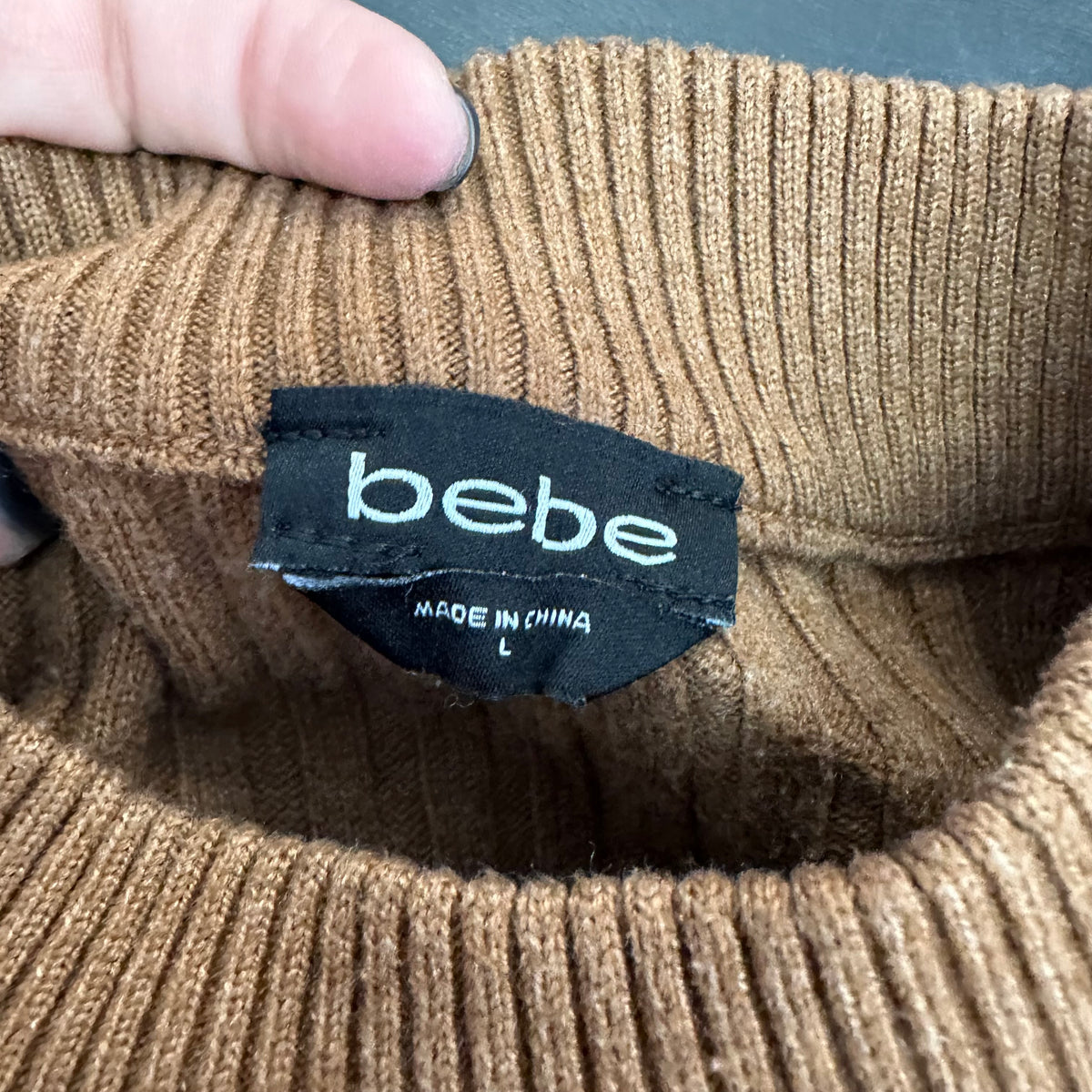 BEBE BROWN RIBBED SWEATER RHINESTONE LOGO Y2K 289 LARGE **
